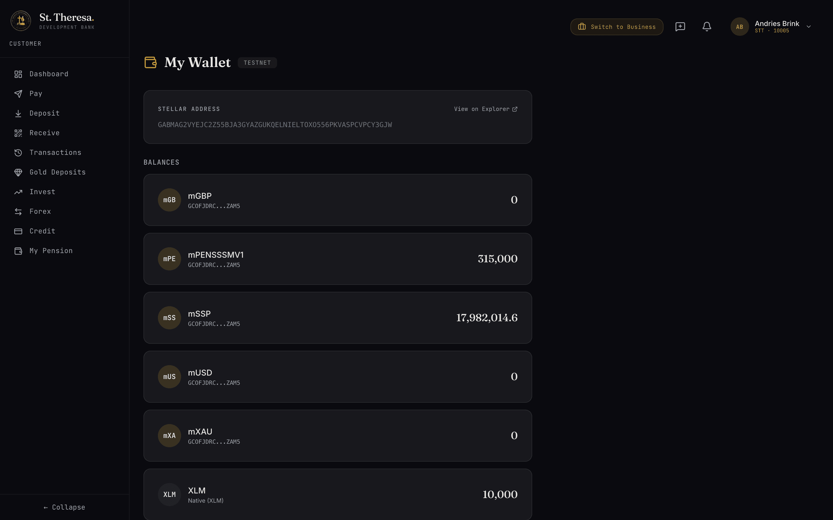 Customer wallet showing mSSP balance of 17.9 million alongside mGBP, mUSD, mXAU, and XLM balances