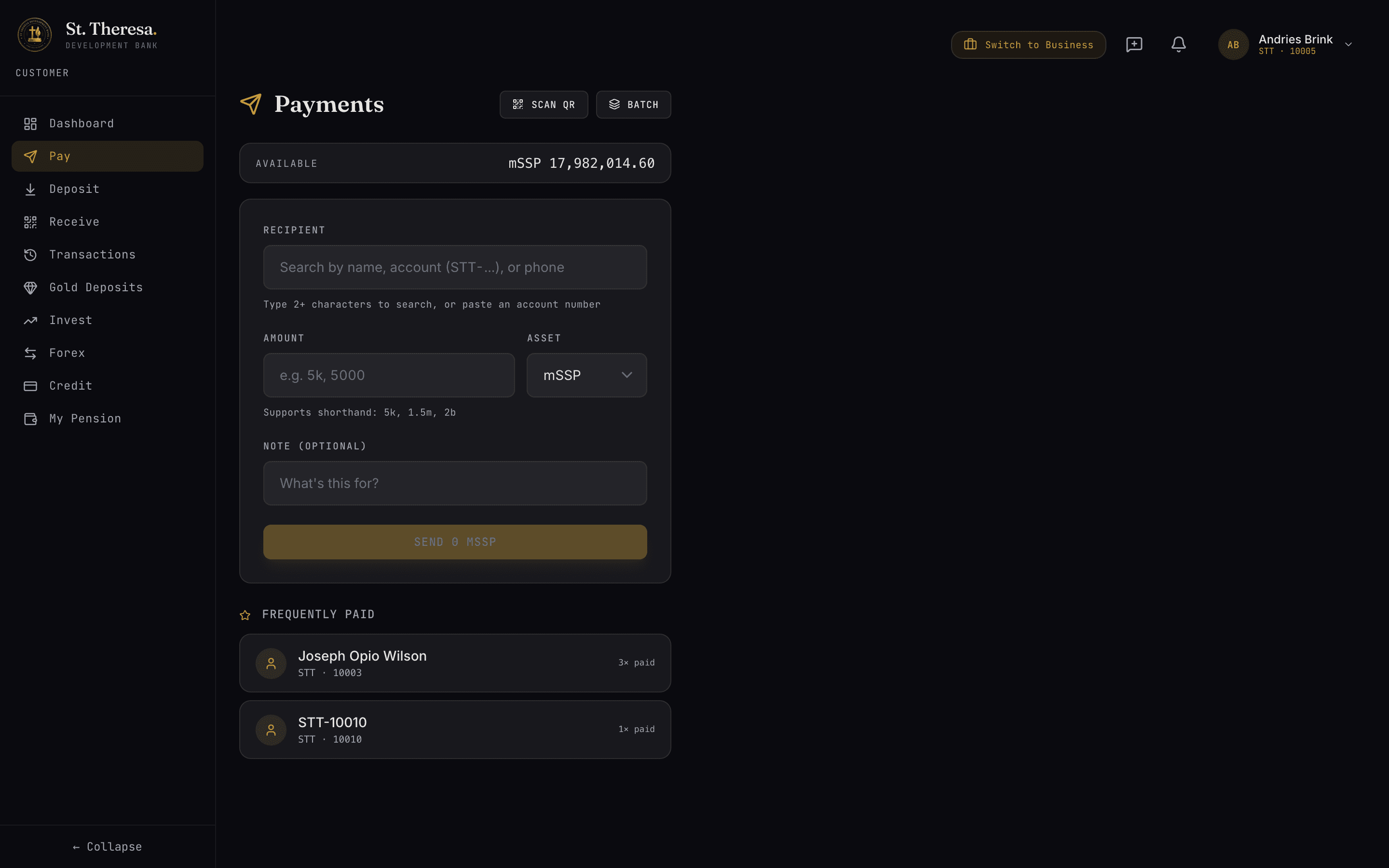 Payments page showing mSSP available balance, recipient search, amount input, and frequent payees