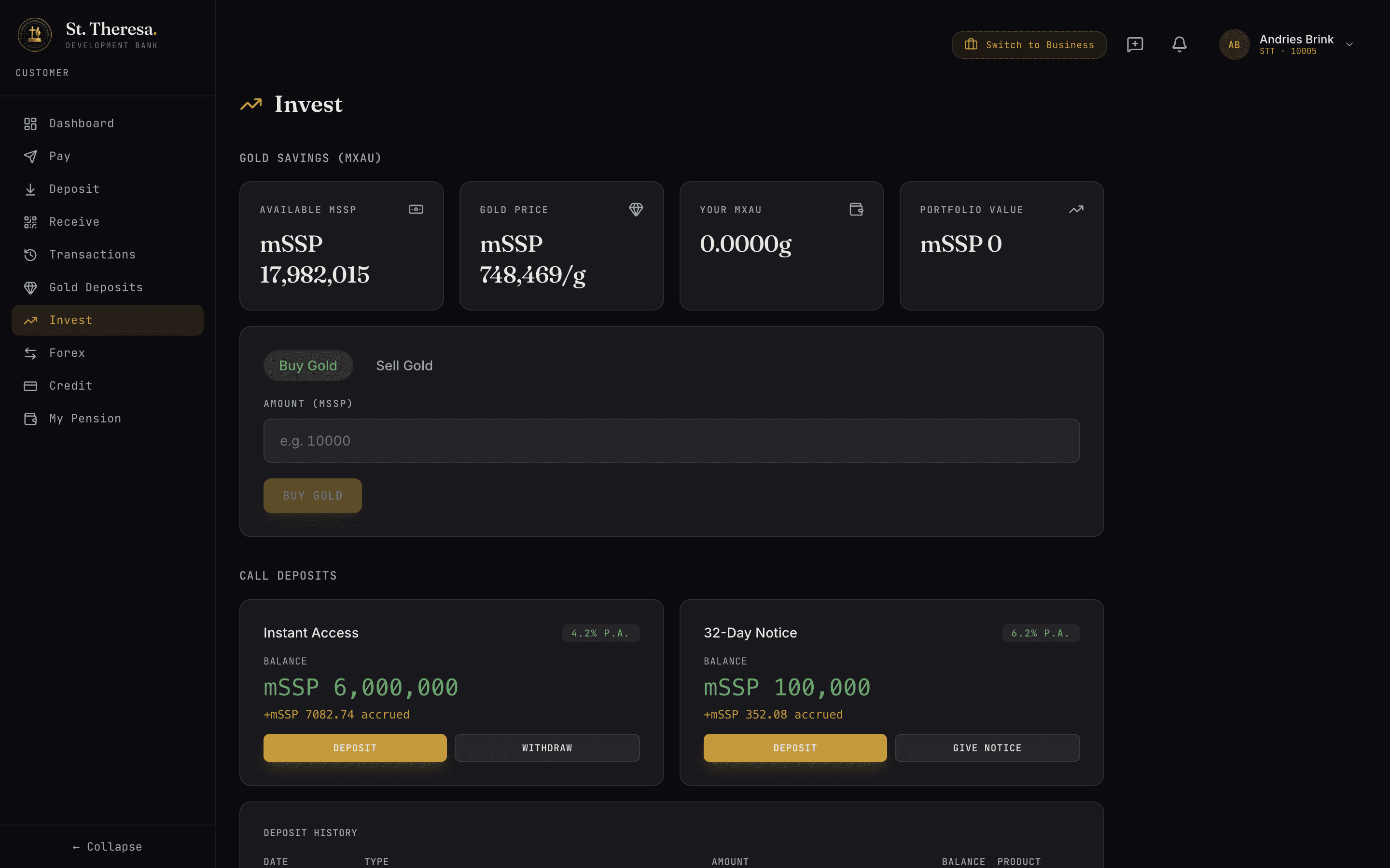 Invest page with gold savings KPIs, buy/sell gold, and call deposits including Instant Access and 32-Day Notice